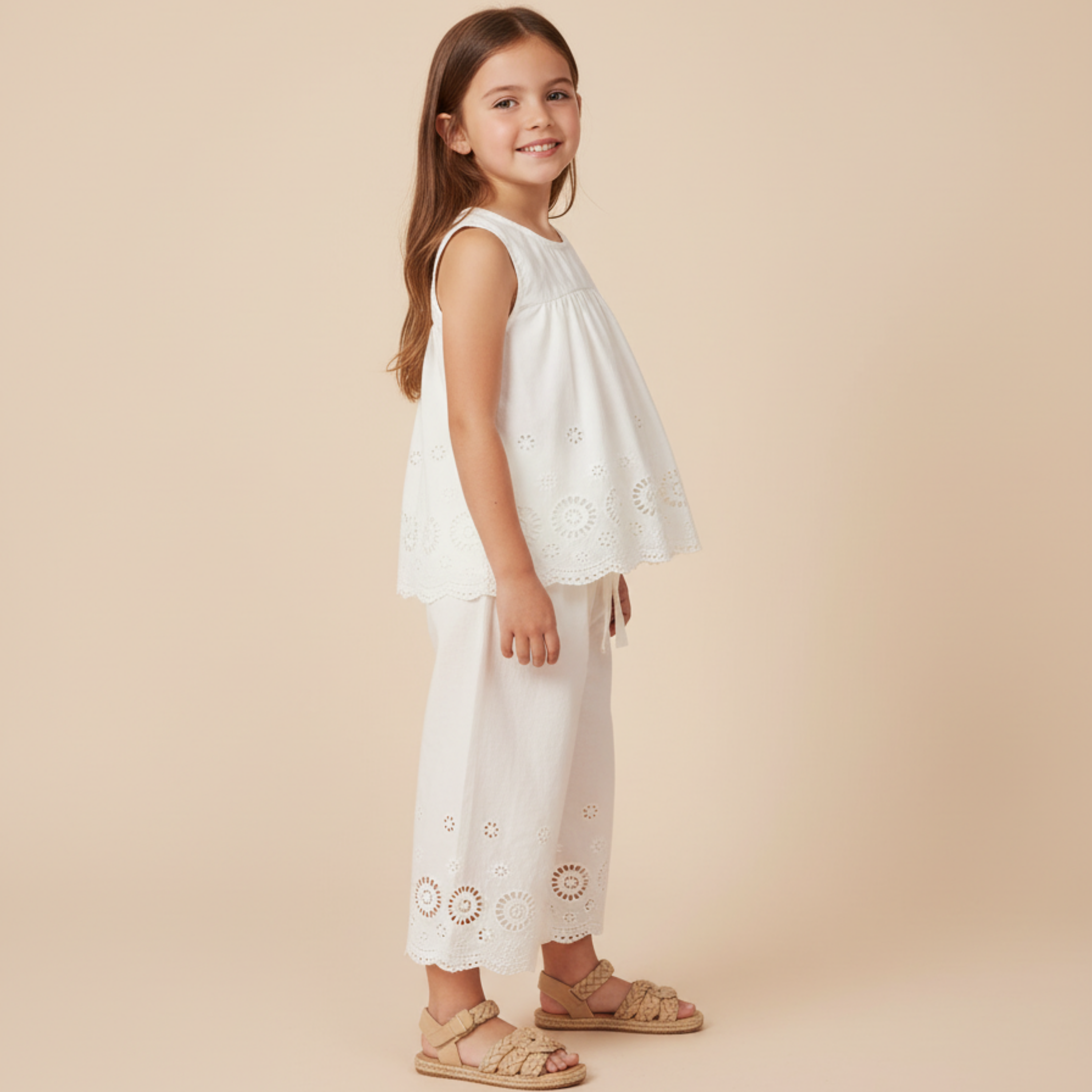 Makemake Organics - Wholesale Top & Pant Set - Kids - Organic Eyelet Top And Pant Set - Ivory Eyelet2