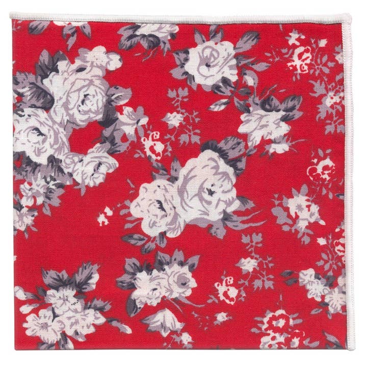 Josvil - Vendita all'ingrosso Fazzoletto - Uomo - Fazzoletto da taschino in cotone rosso con fiori bianchi3