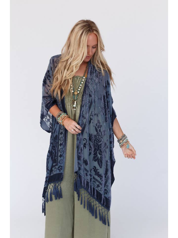 Three Bird Nest - Wholesale Kimono - Women's - Crushin' On You Velvet Kimono - Navy Blue