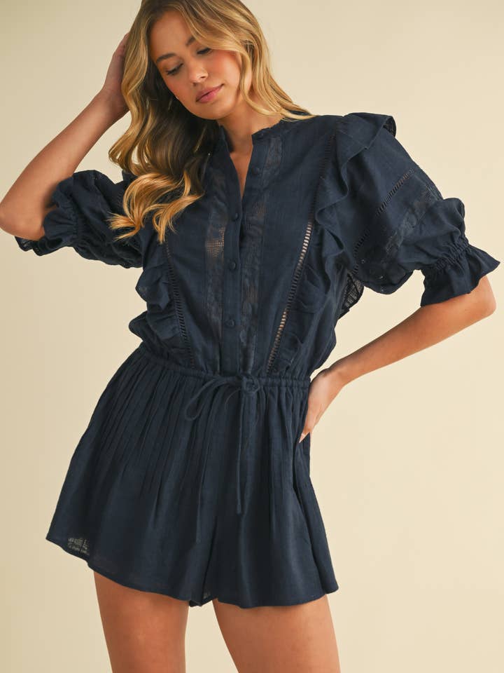 Klesis - Wholesale Romper - Women's - IR2223 LINEN PUFF SLEEVES FRILL AND BUTTON DOWN ROMPER
