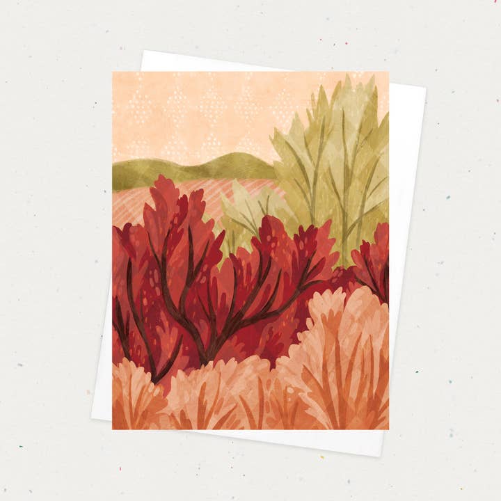Red Trees A2 Everyday Greeting Card on Recycled Paper for wholesale by Natalie Adams Studio
