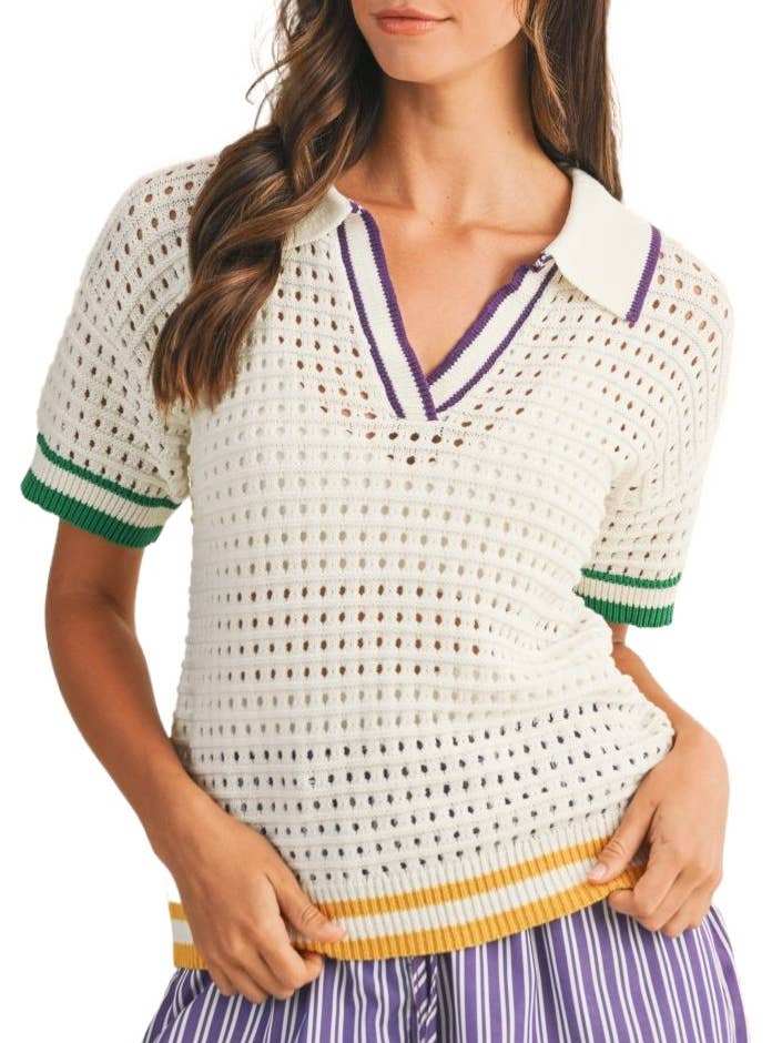 Mardi Gras Open Stitch V Neck Polo Sweater for wholesale by Vanilla Monkey