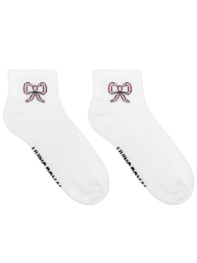 Classic Ankle Socks w/ Ribbed Tubing - Pink Bows - White for wholesale by Living Royal