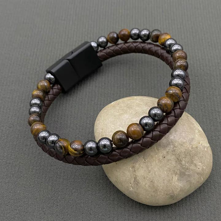 Mio Queena - Wholesale Bangle Bracelet - Stone Beads PU Leather Men's Magnetic Buckle Bracelet -MJ/BC