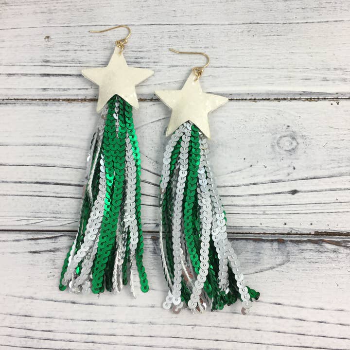 SongLily - Wholesale Tassel Earrings - Star with Green Sequin Tassel Earrings