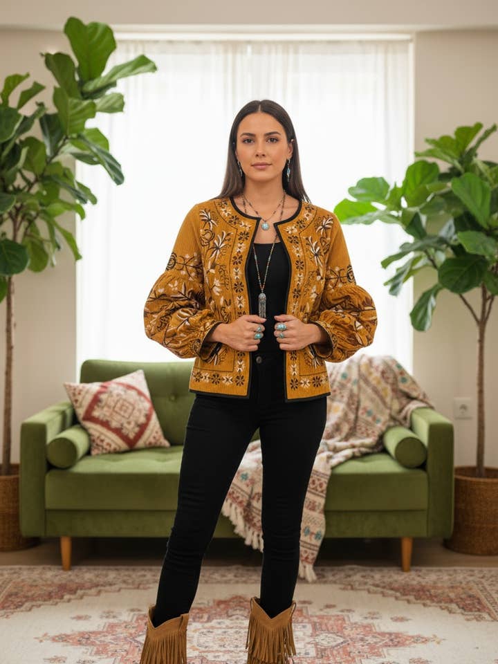 Chaqueta étnica bordada con mangas abullonadas mostaza para venta al por mayor de miglo