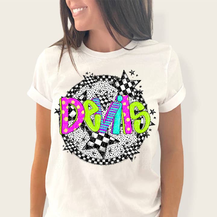 K and M Designs - Wholesale Sublimation Transfer - Devils Mascot Neon Checker DTF Transfer