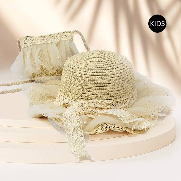 2PCS - Pearl Straw Kids Sun Hat Crossbody Bag Set for wholesale by Sensibling Corp.