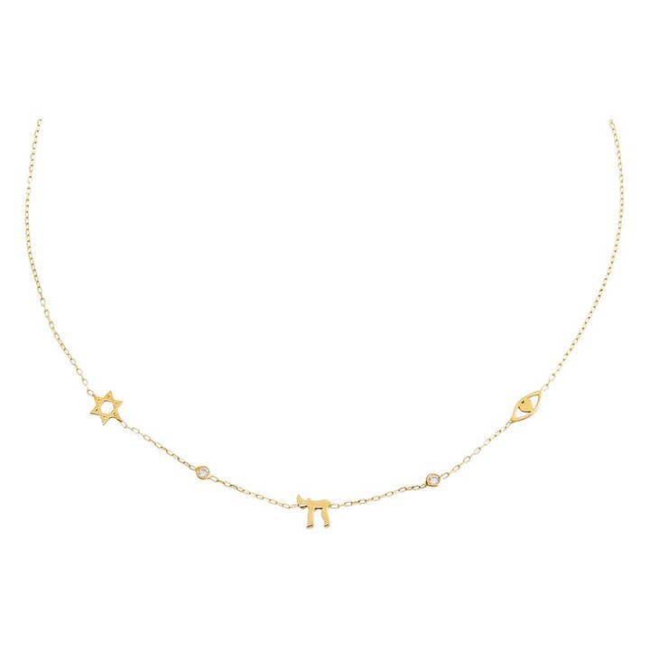 Gold Jewish CZ Bezel Charm Necklace for wholesale on Faire