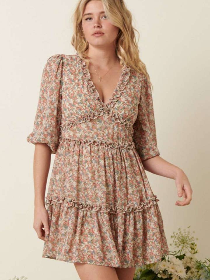 FLOWER PRINT RUFFLE DETAIL MINI DRESS for wholesale by mittoshop