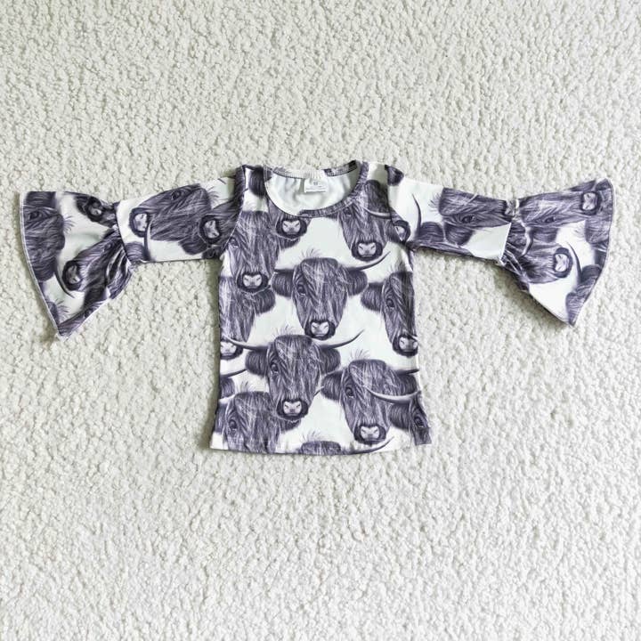Yawoo Garments - Wholesale T-Shirt - Kids - Gray highland cow ruffle sleeves girls shirt1