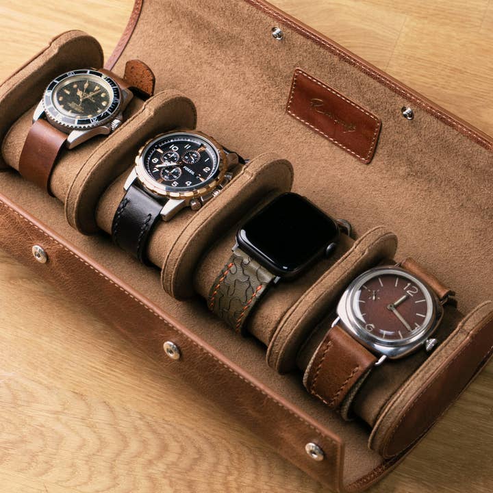 Leather Travel Watch Case - Quad Watch Roll for wholesale by Roarcraft