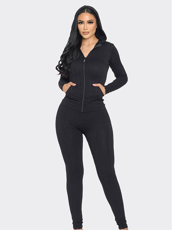 Lime All the Time - Wholesale Lounge Set - Women's - 2 Pcs Daimond Texture Zipper Up Hoodie and Legging Set0