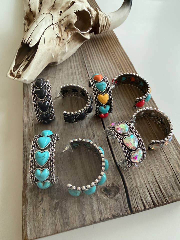 1.50“ Western Style Heart Stone Open Hoop Earrings for wholesale by Boho Ranch Shop