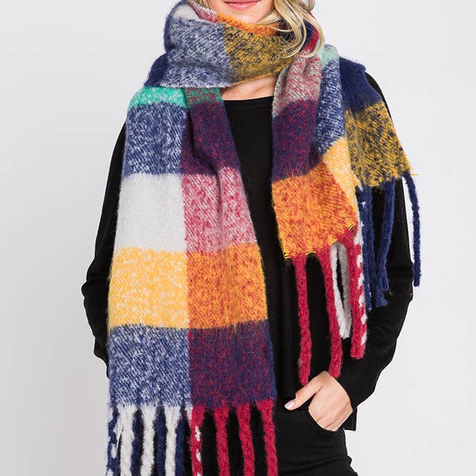 Hana - Wholesale Scarf - Women's - Brushed Multi Color Plaid Fringe Winter Scarf