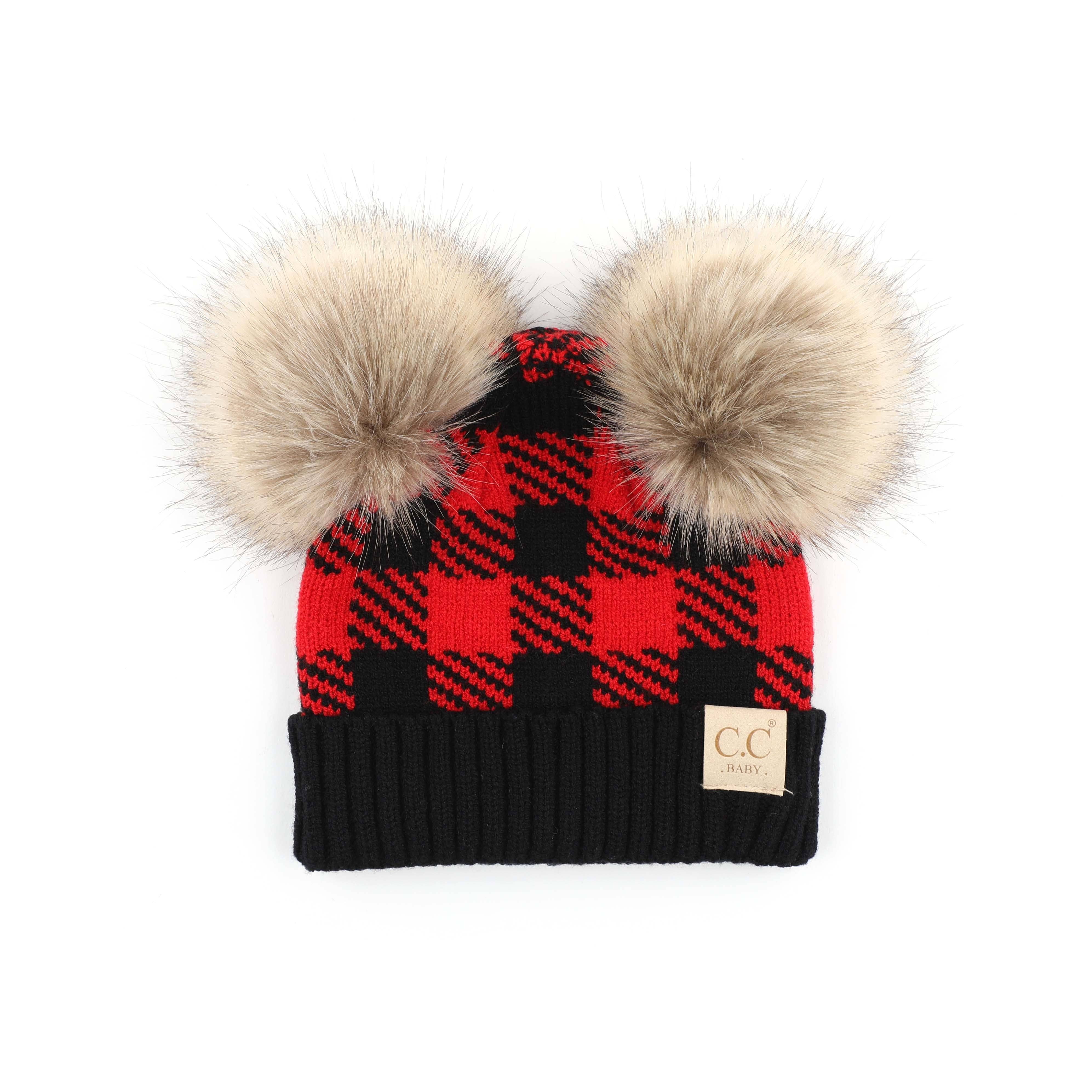 Truly Contagious – Engroshandel Beanie - Børn – CC Baby Buffalo Plaid Dobbelt Pom hue (BABY-25-POMPOM)6