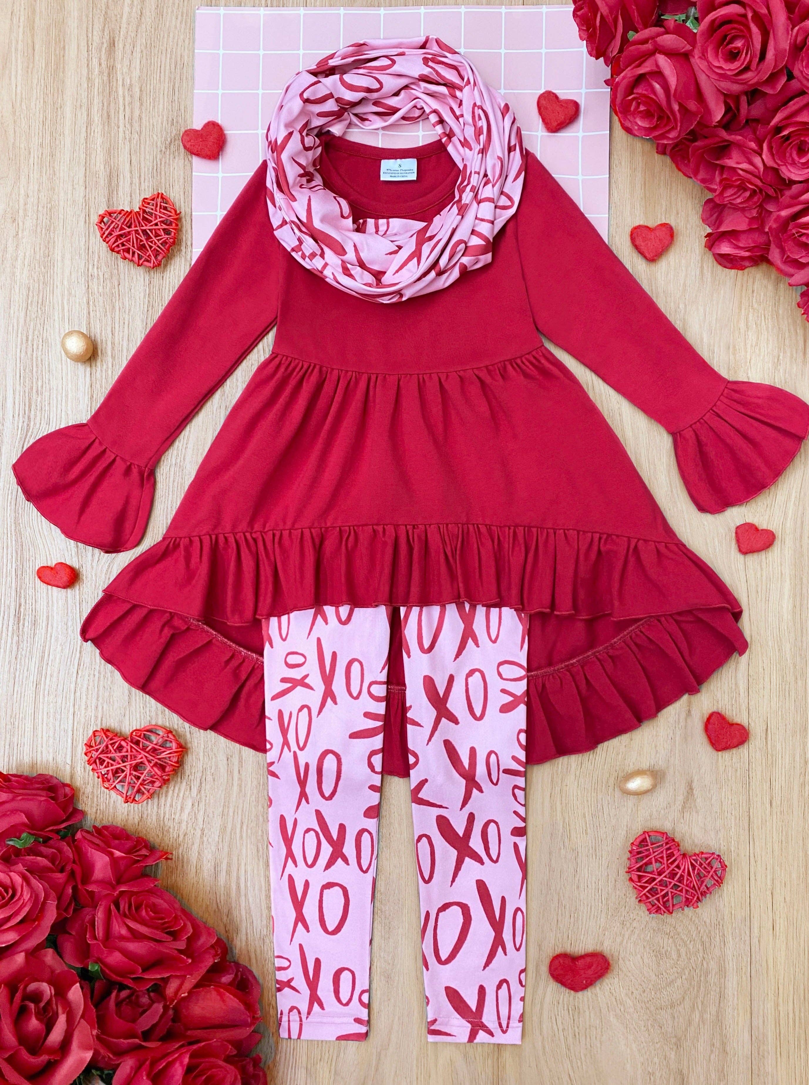 Red Sending You XOXOs Tunic, Scarf, & Legging Set for wholesale on Faire4