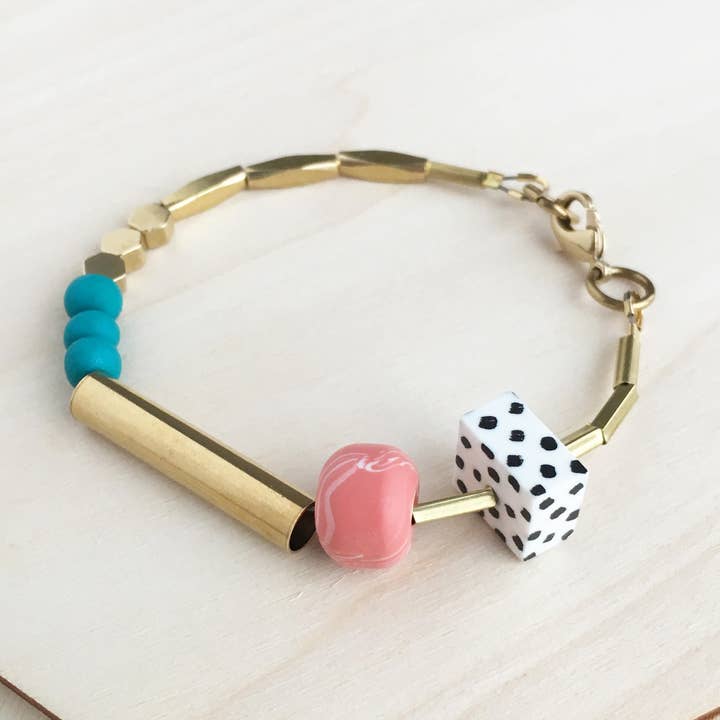 Marble and Brass Bracelet - Teal & Salmon for wholesale by Loela
