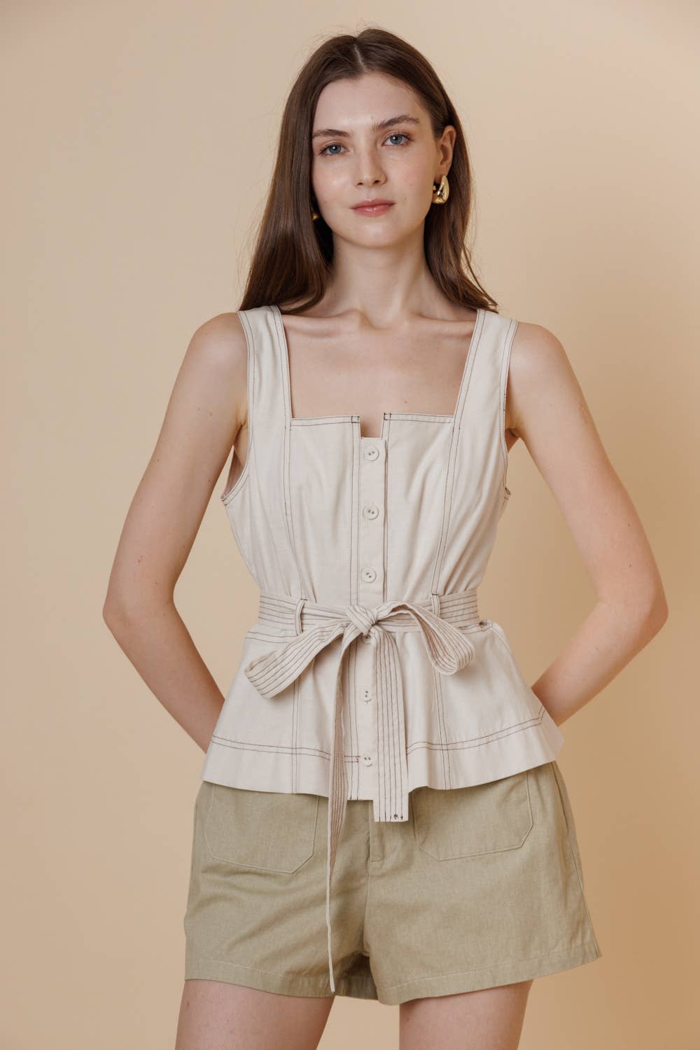 A & SHE - Wholesale T-Shirt - Women's - Square Neck Button Down Contrast Stitch Belted Top0