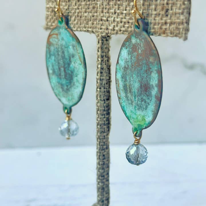 Rage Gems & Jewelry - Wholesale Dangle Earrings - Verdigris Patina Oval Earrings with Crystal Drop1