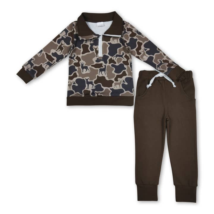 Long sleeves brown deer camo pullover pants boys clothes for wholesale by Yawoo Garments