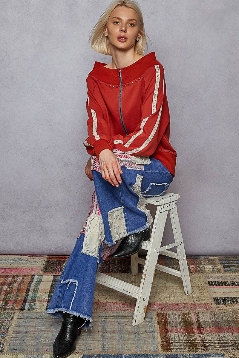 Pol Clothing - Wholesale Knit Top - Women's - Solid off shoulder lace trim detail French terry knit top11