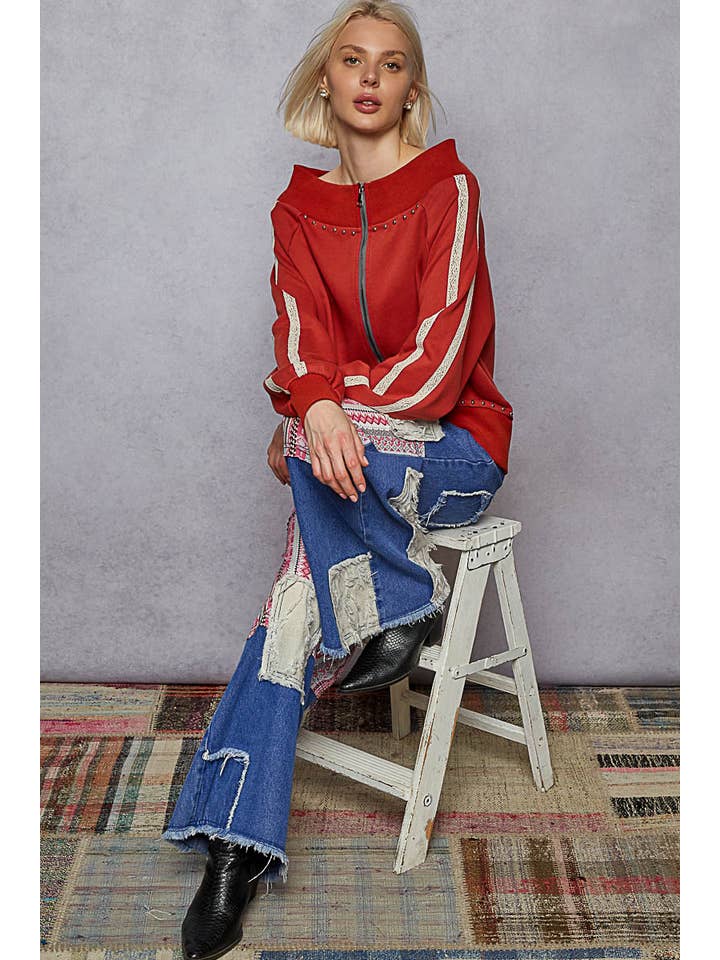 Pol Clothing - Wholesale Knit Top - Women's - Solid off shoulder lace trim detail French terry knit top11