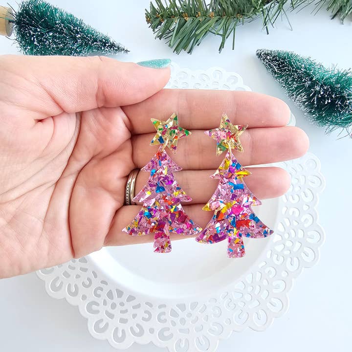 Spiffy & Splendid - Wholesale Dangle Earrings - Christmas Tree Earrings - Light Pink Sparkle // Holiday