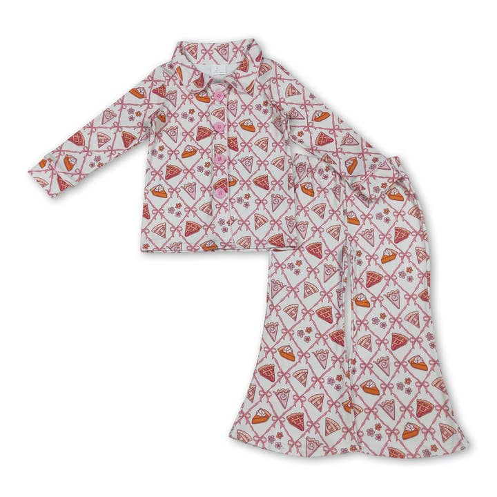 Yawoo Garments - Wholesale Sleepwear Set - Kids - Pumpkin pie bow floral girls Thanksgiving button down pajamas