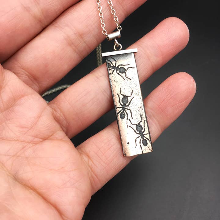 Handmade Ant Insect Necklace in Sterling Silver & Copper for wholesale by Metal Cloth & Wood