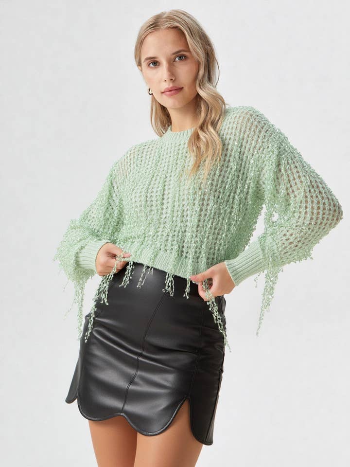 VERY J - Wholesale Knit Sweater - Women's - 12W2944N-Fringe Detail Holiday Party Knit Sweater Top