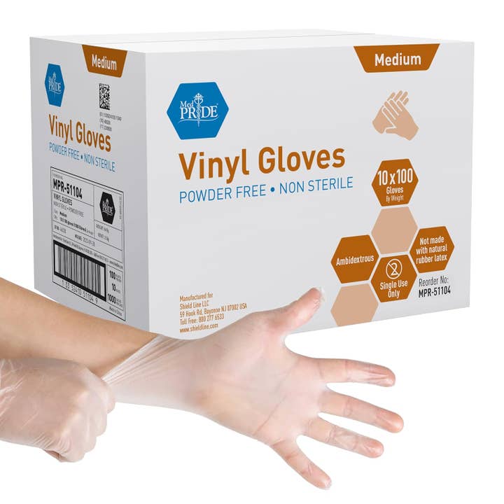MedPride Vinyl General Purpose Gloves 4.3 Mil Thick Non-Sterile Powder Free - 100 Gloves / Case of 10 (1000 count) for wholesale by Go Bulk Medical