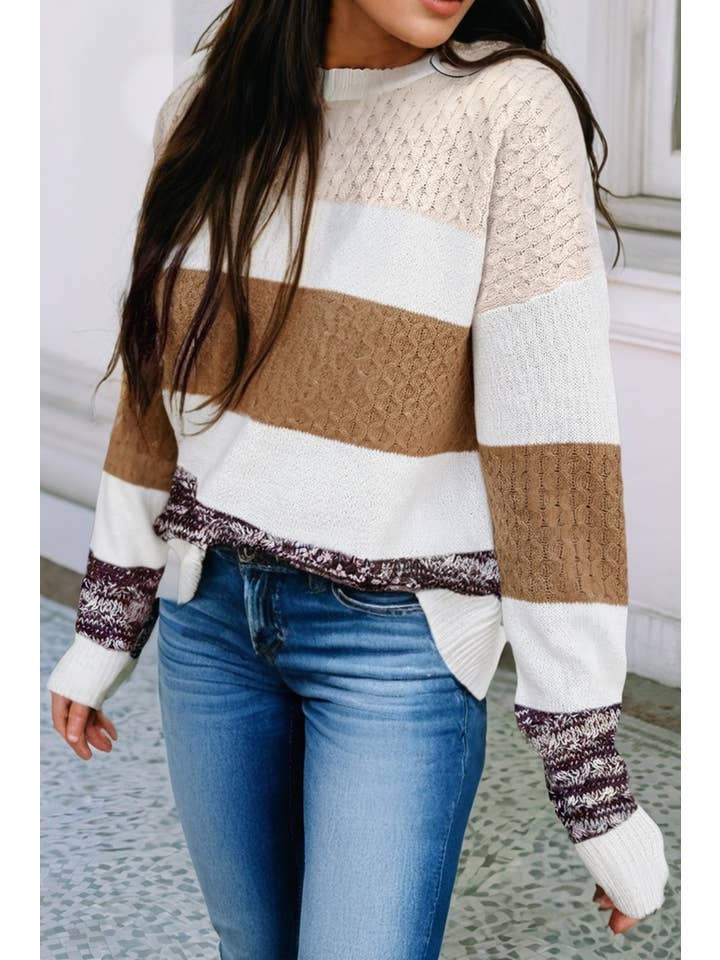 Little Daisy Closet - Wholesale Knit Sweater - Women's - LDC Mixed Texture Knit Striped Color Block Loose Sweater3