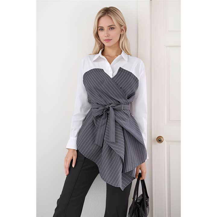 X0034LT Pinstripe Corset Wrap Shirt for wholesale by XHHH Inc