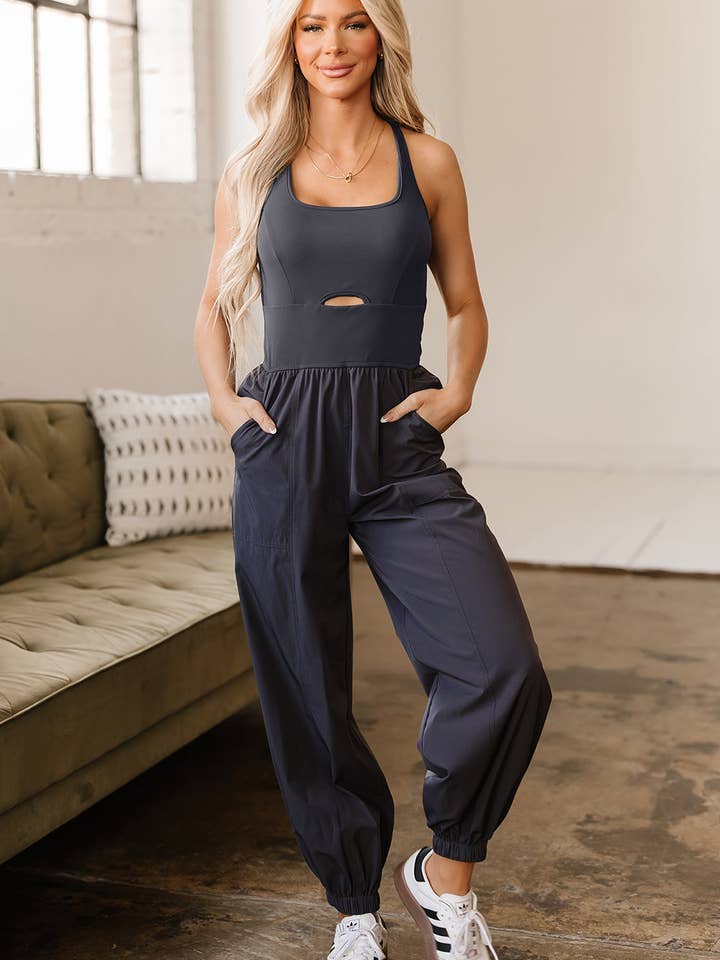 Avianna Back Crossed Straps Hollow Out Jogger Jumpsuit for wholesale by Threaded Pear
