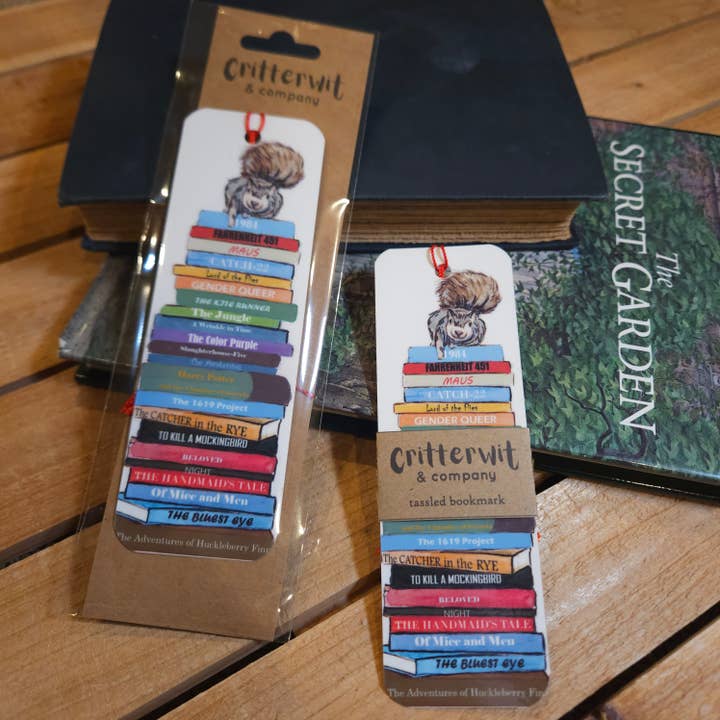 Banned Books Stack – Illustrated Woodland Bookmark for wholesale by Critterwit and Company