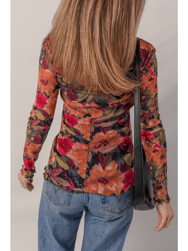 As shown Floral Print Lettuce Trim Long Sleeve Mesh Top | S-XL for wholesale on Faire