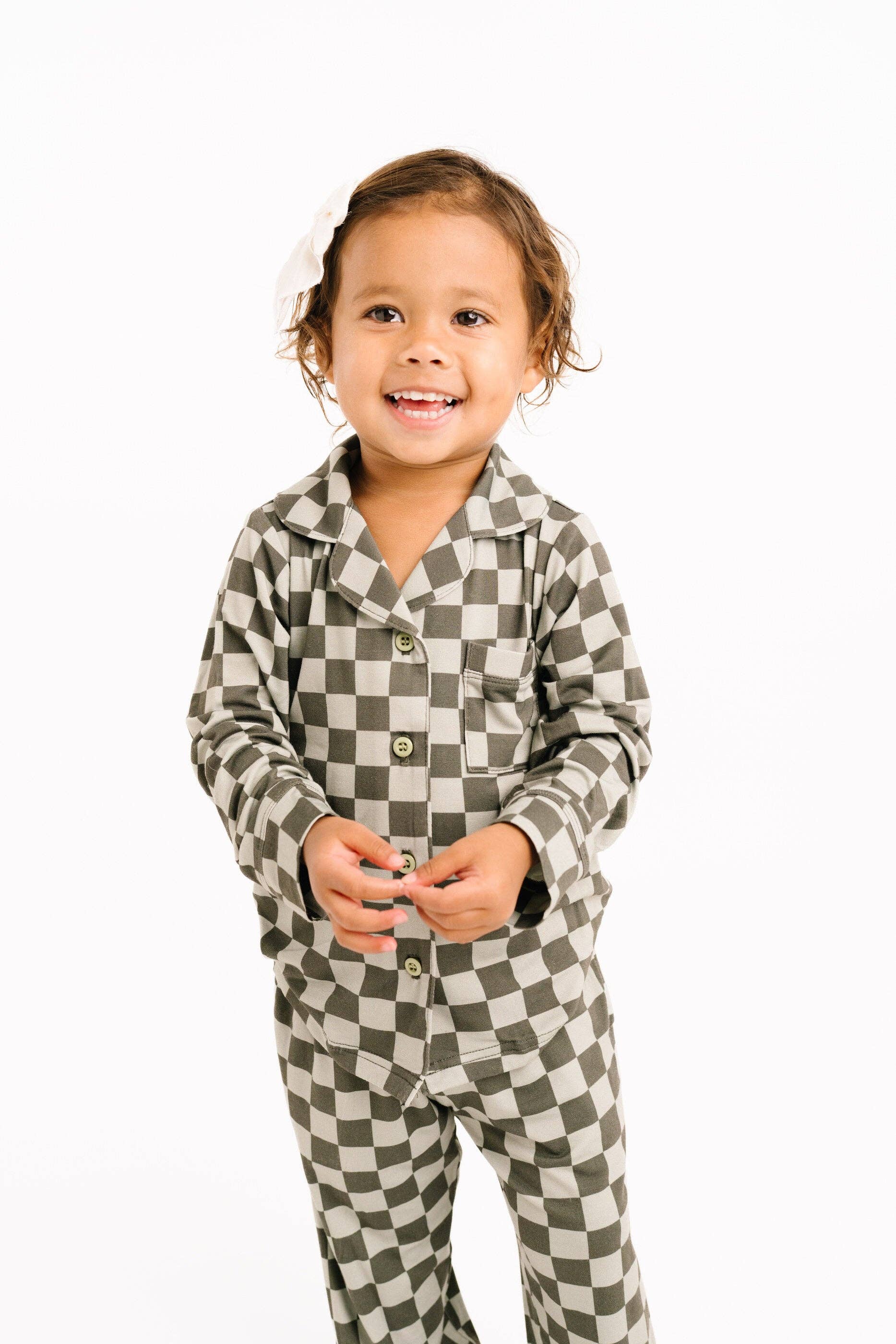 Little One Shop - Wholesale Top & Pant Set - Kids - Pine Checkered Kid Long Sleeve Bamboo Button Up Set7