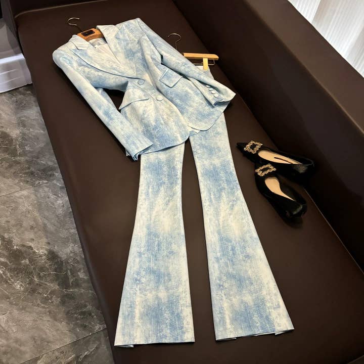 SY500 Blauw Gewassen Tie-Dye Slim Blazer & Uitlopende Broek Set voor wholesale door Sanyao Fashion