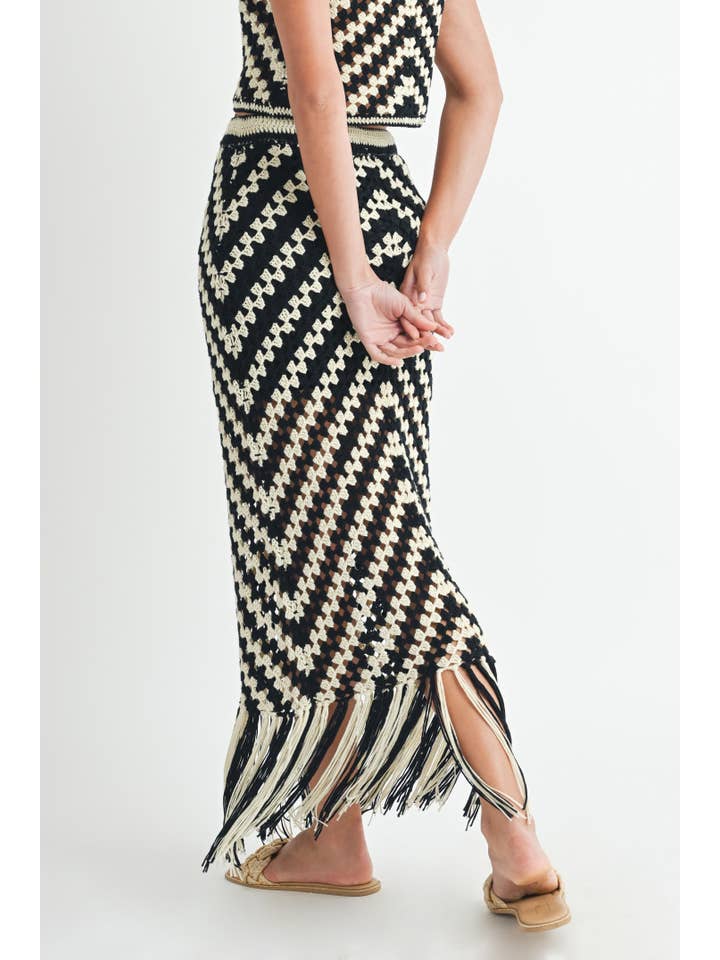 CREAM BLACK Crochet Fringed Maxi Skirt. for wholesale on Faire