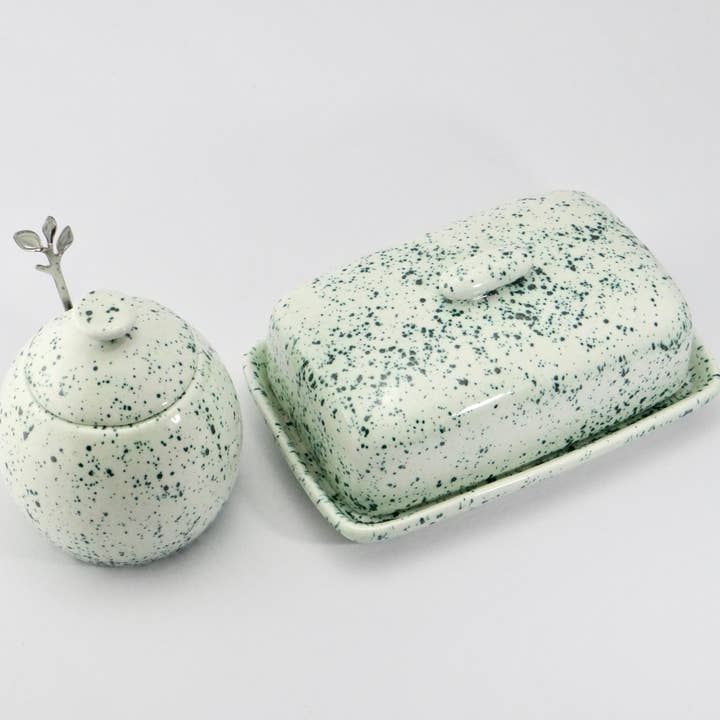 Butterdose und Zuckerdose Set Grün gesprenkelt für den Großhandel von Peter Bowen Art