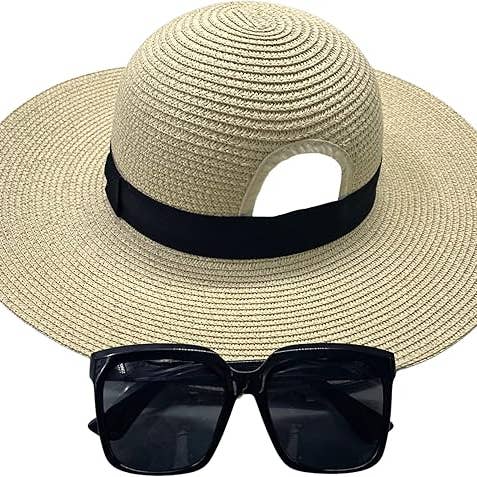 4E's Novelty - Wholesale Straw Hat - Women's - 4E's Novelty Sun Hat for Women UV Protection with Sunglasses, UPF 50+, Packable Beach Hat, Beige