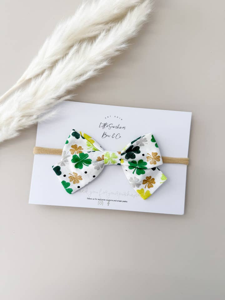 Green & Gold Clovers St Patricks Day Pinwheel Bow for wholesale by Little Sunshines Bow & Co