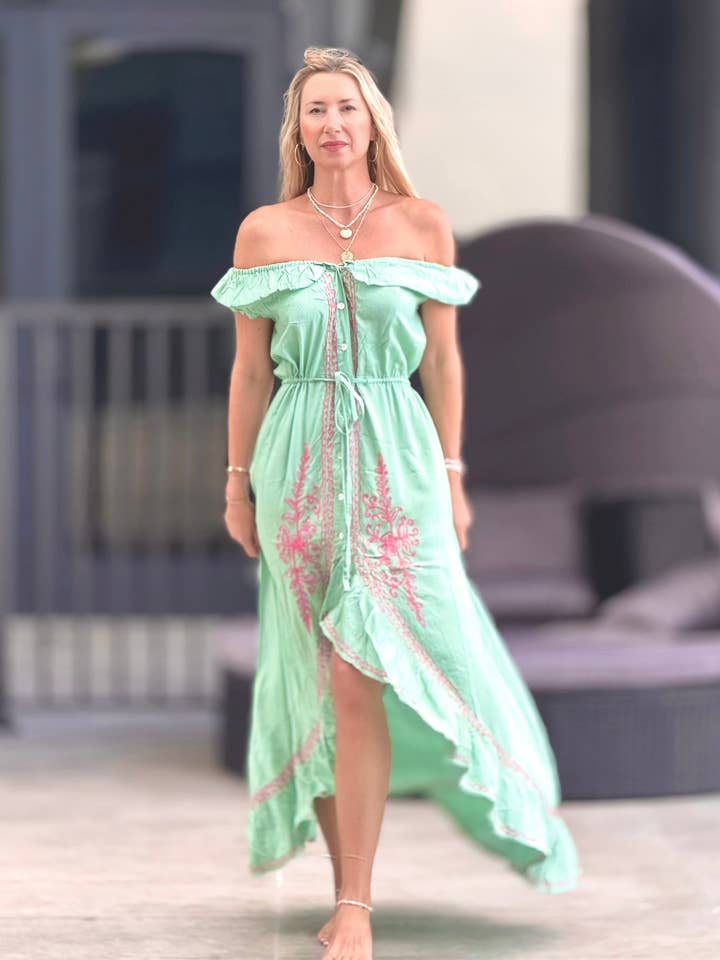 Vestido Skye com Folhos ☆ Verde Primavera por atacado de Sun + Soul