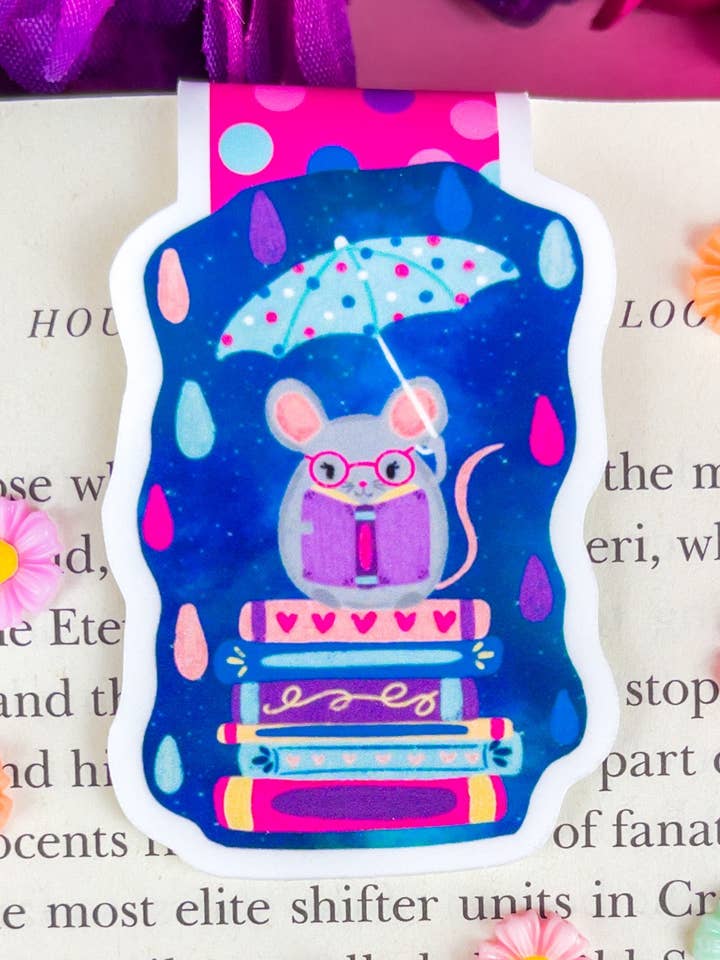 Rainy Day Reading Mouse Magnetic Bookmark for wholesale by Emily Cromwell Designs