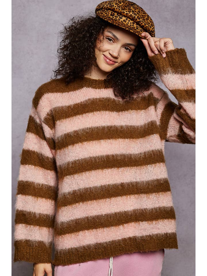 CHOCO MULTI Round neck striped pattern mohair sweater top SALE for wholesale on Faire2