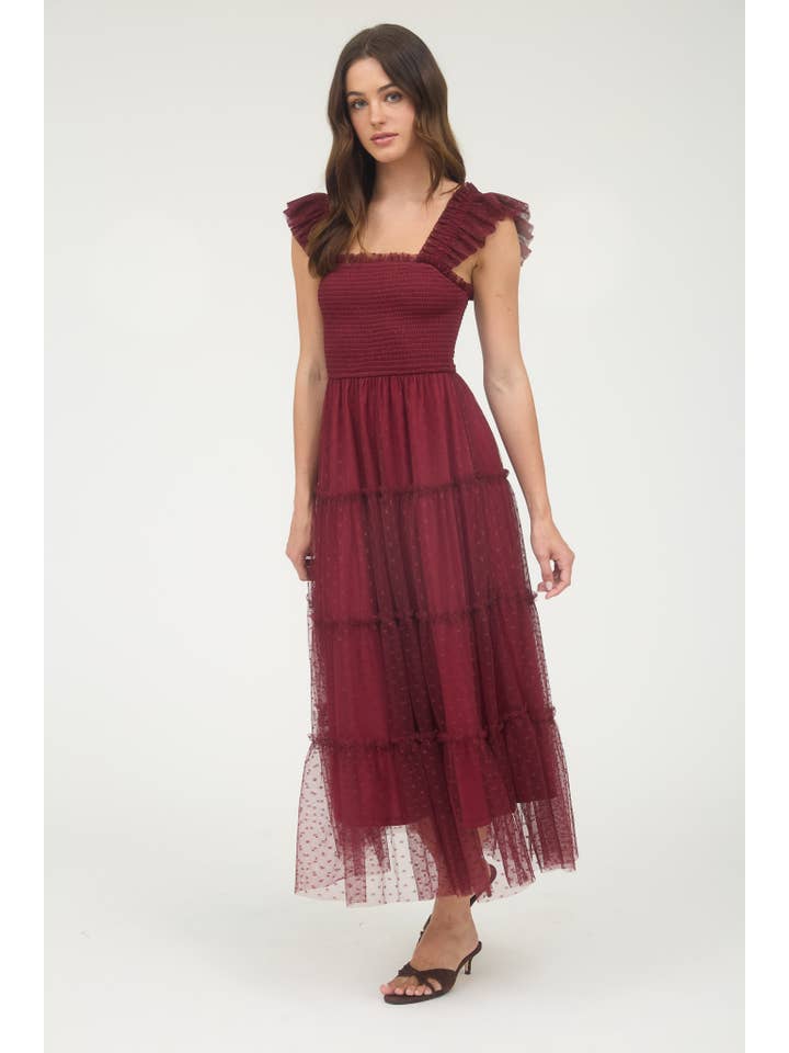 MINE - Vente Robe – femme - ROBE MIDI À VOLANTS FUMÉE EN CHIFFON À POIS