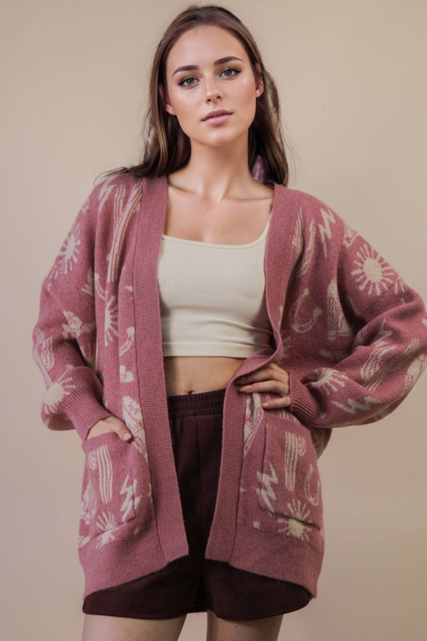 VERY J - Wholesale Cardigan - Dames - 12W3393N-Oversized Western Graphic Gebreide Trui Vest0