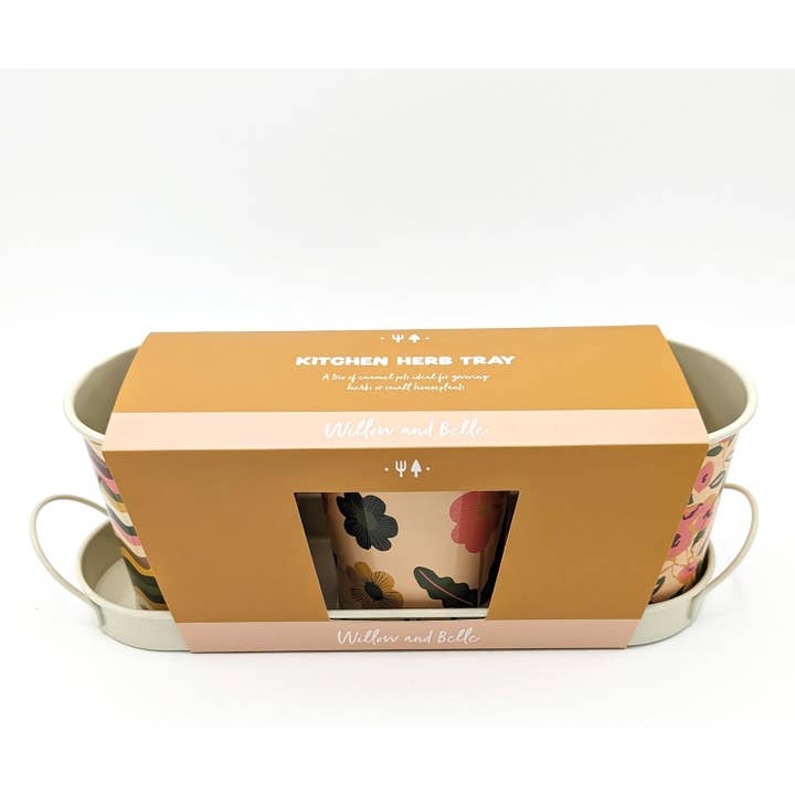 Willow and Belle Kitchen Herb Pots & Tray - Set of 3 Enamel Plant Pots for wholesale by Robert Frederick Ltd