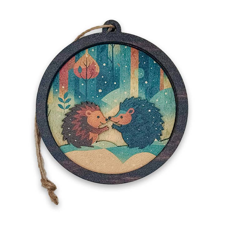 Scandinavian Inspired Cozy Hedgehog 3 Layer Wood Ornament for wholesale by Token Atelier